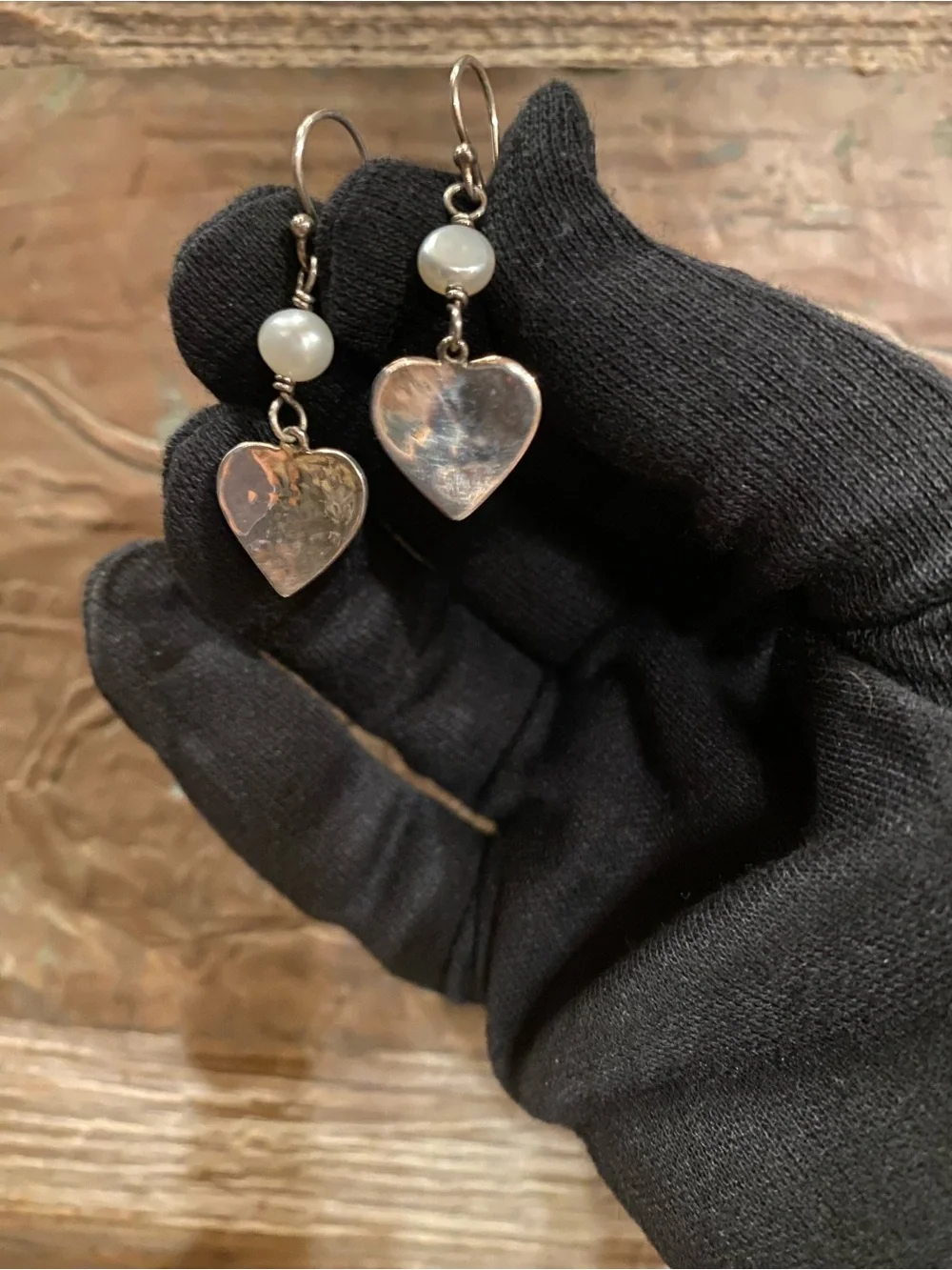 Sterling Heart Drop Earrings with White Pearl Accent